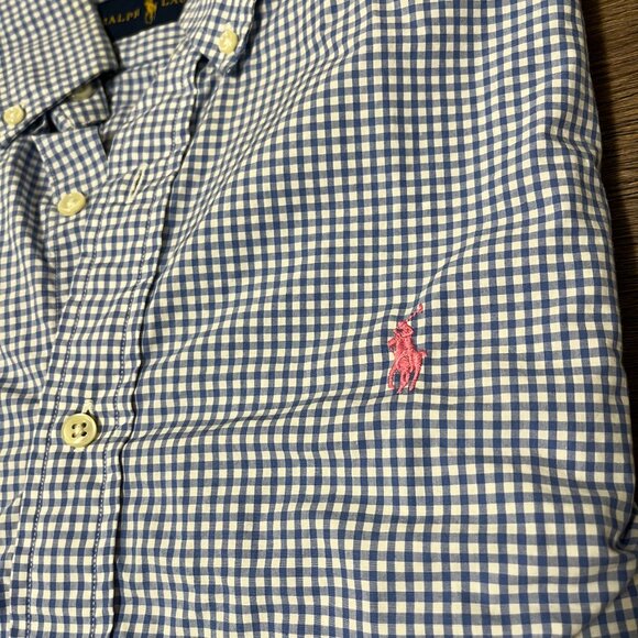 M - Polo Ralph Lauren Pink Logo Blue Gingham Men's Long Sleeve Shirt - Details - Picture 2 of 6